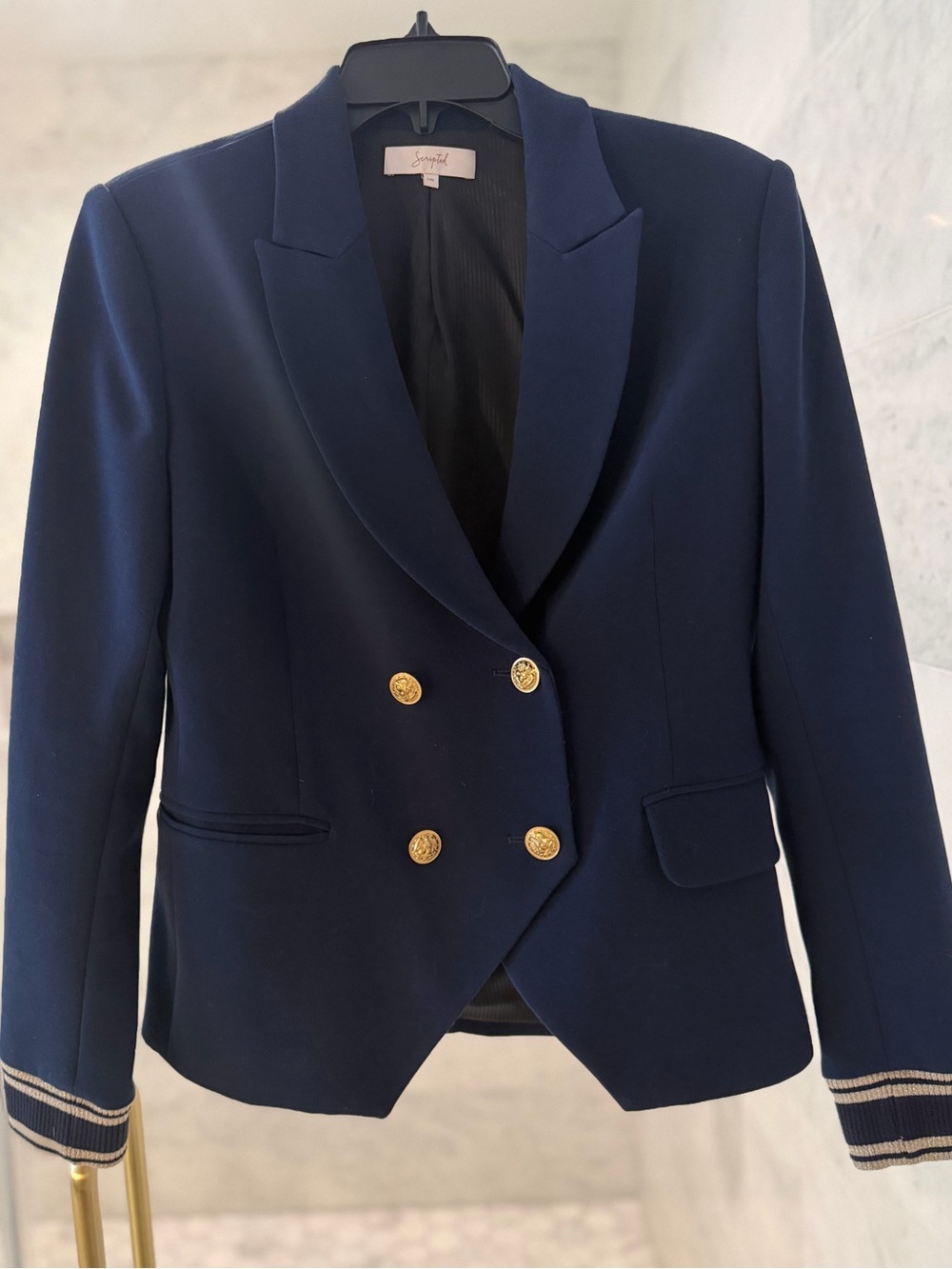 Scripted Double-Breasted Navy Blazer with Gold Buttons & Varsity cuffs